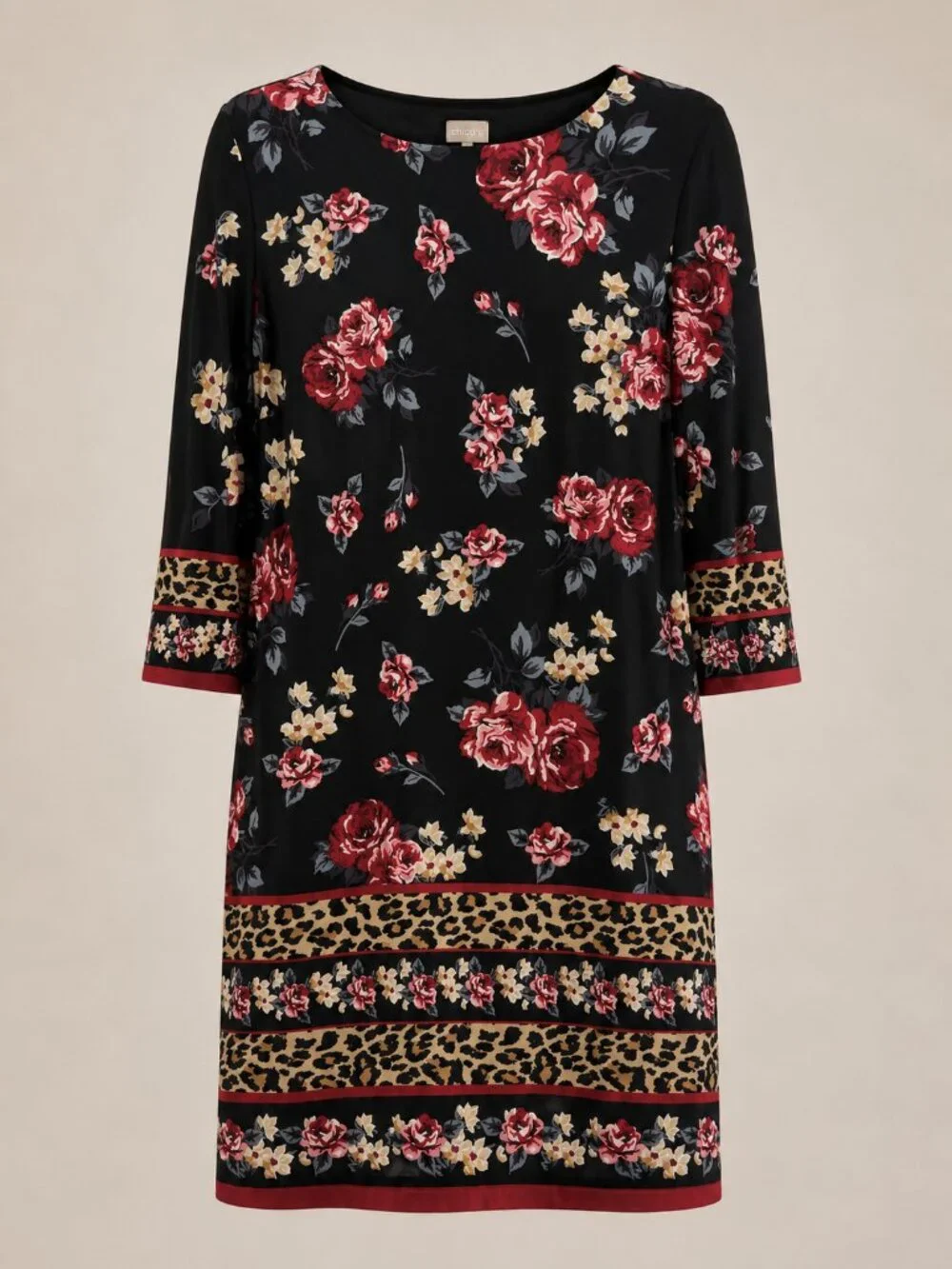 Chico's Floral Leopard Print Sheath Dress Black 3/4 Sleeve Size 2 (12/14)